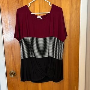 Elegant Burgundy and Black Striped Short Sleeve Top